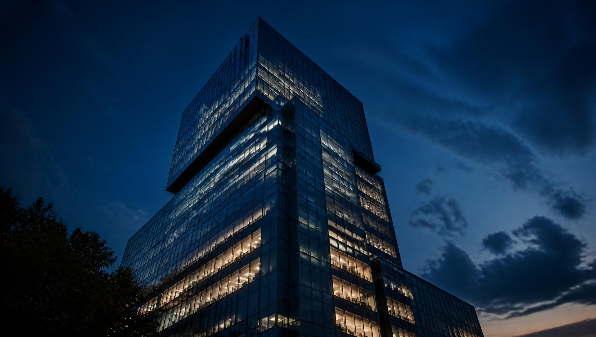 Modern glass corporate tower at dusk