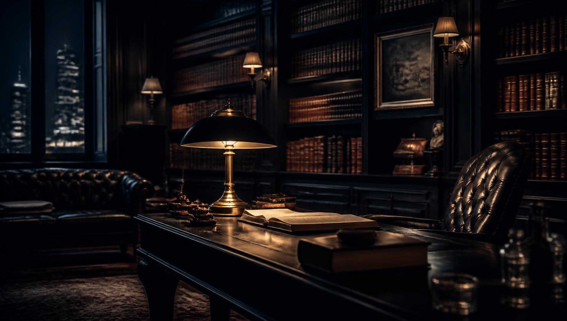 Elegant dark law library with warm lamp light